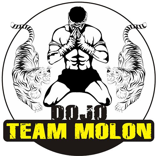 Il logo del Dojo Team Molon che raffigura un attleta Muay thai in ginocchio intento a pregare circondato da due tigri. Le figure sono nere e le scritte sono nere e gialle su fondo bianco